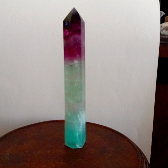 Flourite crystal obelisk tower. Purple, silver & mint green. 11" height. - Picture 3 of 9